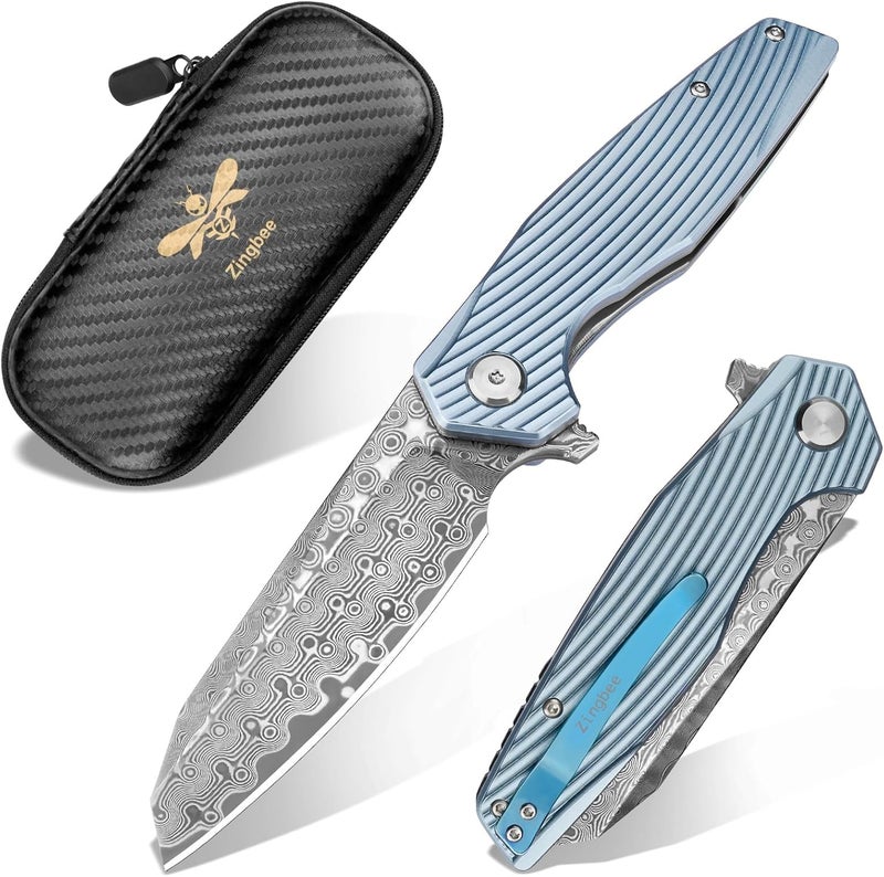 Zingbee Damascus Pocket Knife 3.46" Damascus Steel Blade EDC Pocket Knives & Folding Knives for Men Women Blue Non-Slip Handle - Image 1